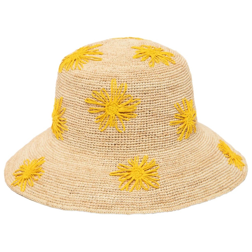 San Diego Hat Co. Sol - Crochet Raffia Bucket with Embroidered Flowers Yellow